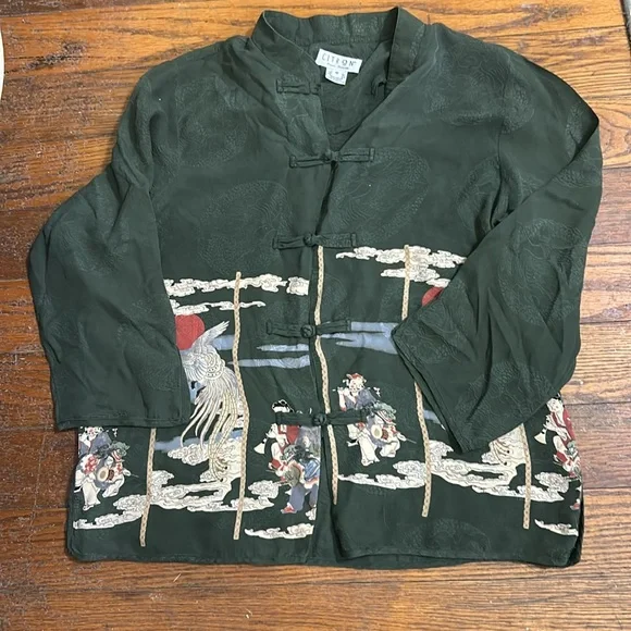 Citron Santa Monica Top Army Green Silk Asian Print Mandarin Collar Women’s M - Picture 11 of 15